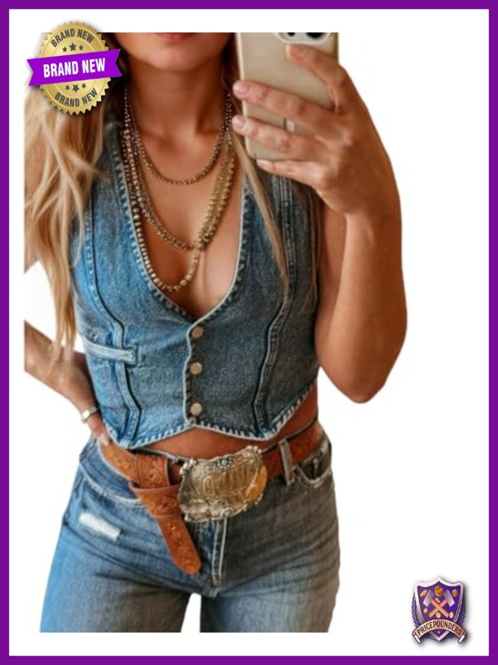 Denim Vest V-Neck Button Front Cropped Sleeveless Casual Top